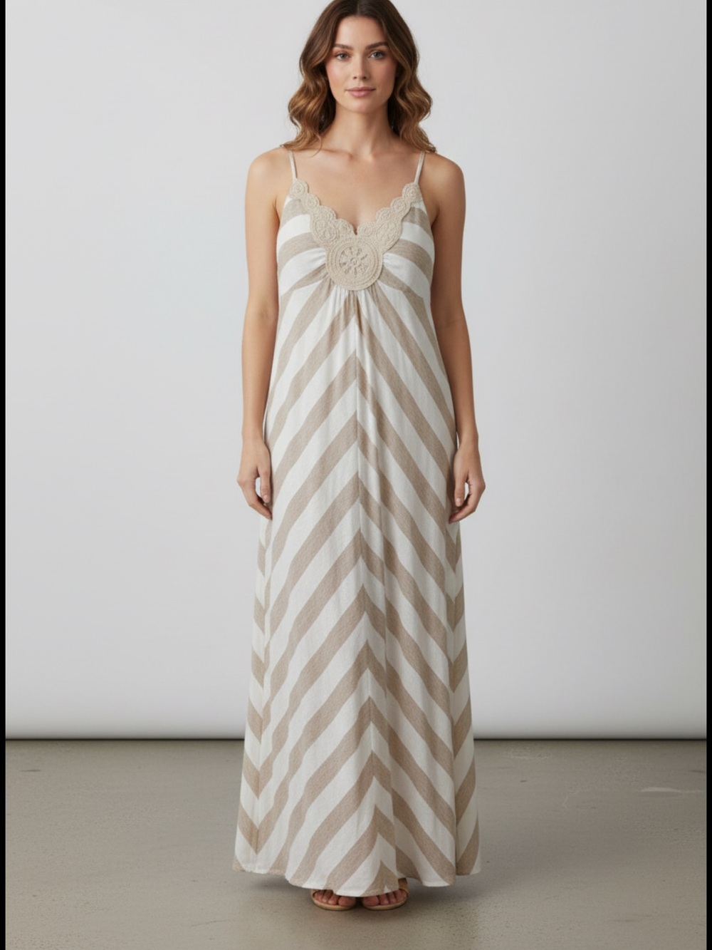 Ella Moss Tan Beige White Striped Crochet Neckline Maxi Dress Small long boho